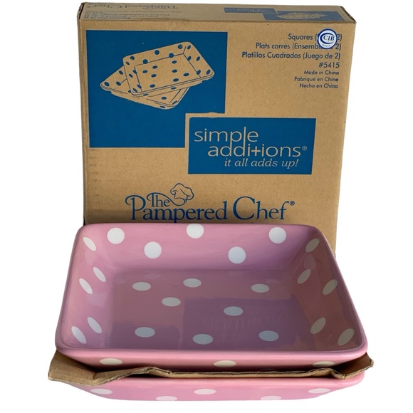 Pampered Chef Pink Polka Dot Set/2 Square Plates #5415 Help Whip Cancer NWT - Picture 6 of 6